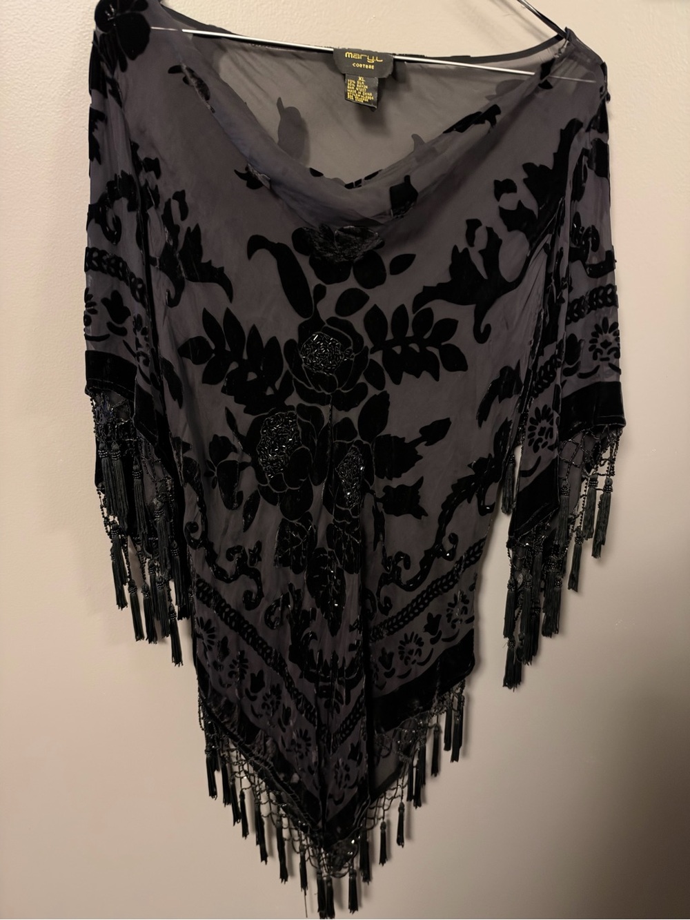 Mary L Couture Black Velvet Burnout Fringe Tunic